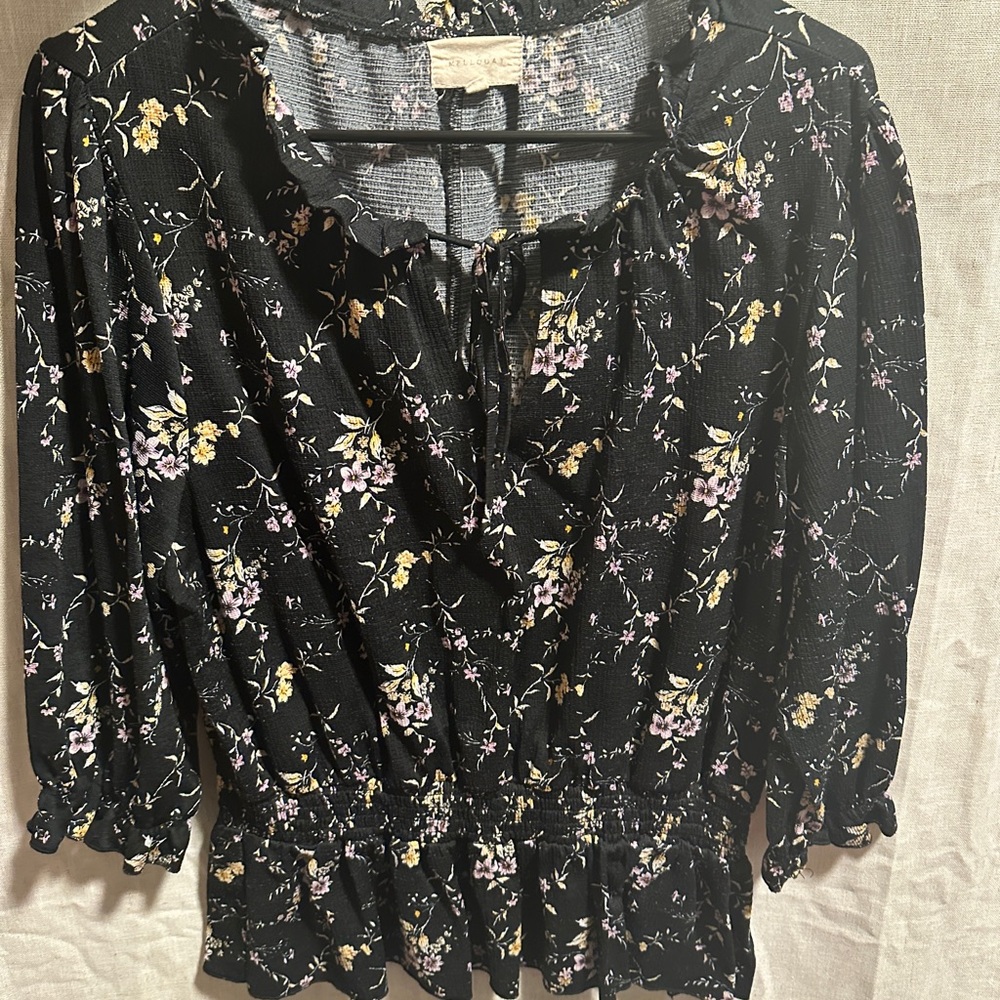 Black Floral Peasant Blouse with Smocked Hem